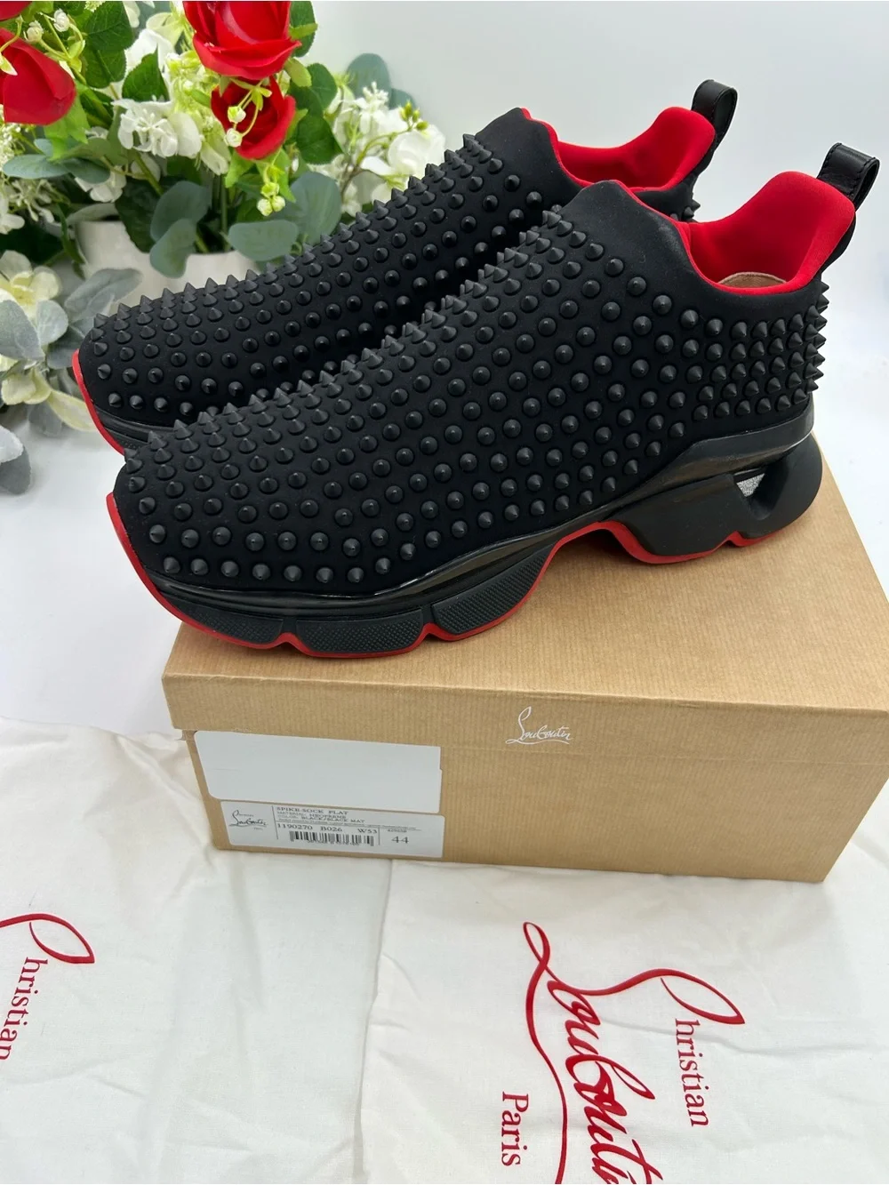 Men's Christian Louboutin black spike sock sneakers size 44 made in Italy